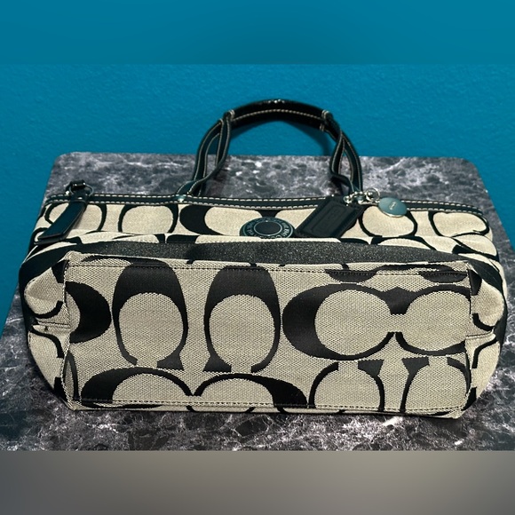 Coach Signature Stripe Zippered Tote Bag Purse Black Gray Shopper F19046 - Picture 3 of 10